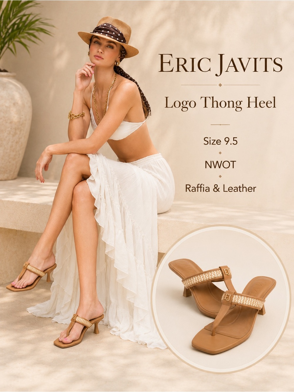 Eric Javits Logo Thong Kitten Heel Sandals‎ In Peanut 9.5 NWOT